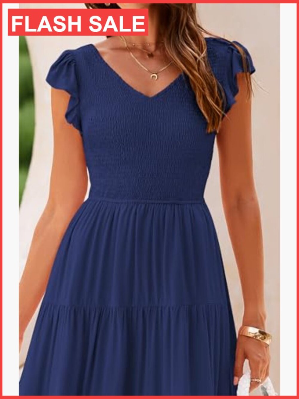 Women's Smocked Flowy Maxi Dress V-Neck Cap Sleeve A-Line Summer - Picture 5 of 7